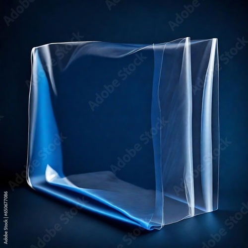 Transparent plastic wrap on dark and blue background. Clean blank texture overlay effect template. Isolated wrinkle surface branding mock-up.