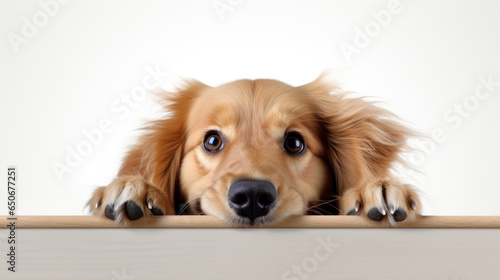 Dog in peeking out from behind a white table with copy space, isolated on white background.