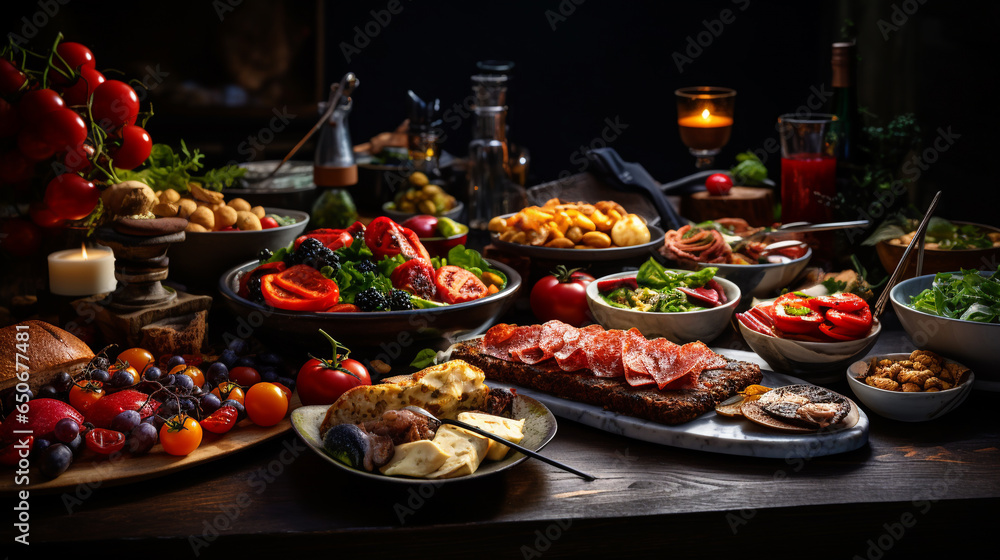 a beautifully laid table with a variety of food, meat cuts and vegetables, on a black background