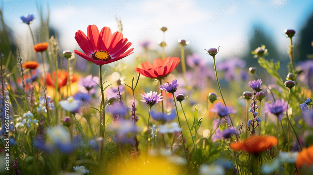 Obraz premium colorful wildflowers growing in the field on a bright sunny day
