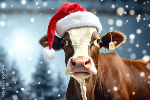 New Year animal concept, a pet during the Christmas winter holidays. The holidays are coming, a happy cow dressed as Santa brings gifts to good children.