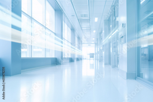 Blurred empty modern hospital corridor background. Abstract blurred clinic hallway interior. Entrance of medical emergency room in hospital. Healthcare and medical center background.
