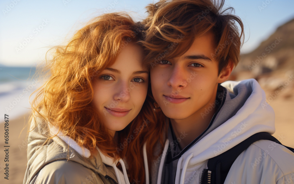 A happy romantic teen couple hug on the beach in a sunny day A happy romantic teen couple hug on the beach in a sunny day
