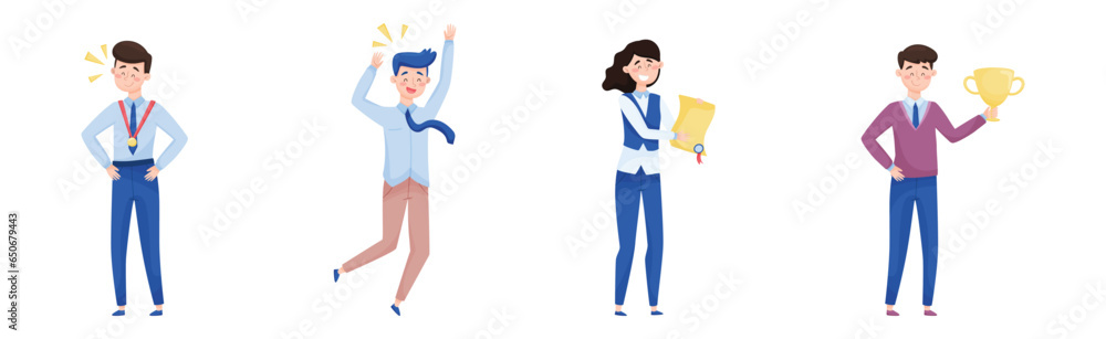 Smiling Man and Woman Office Worker with Golden Cup Enjoying Success and Cheering Vector Set