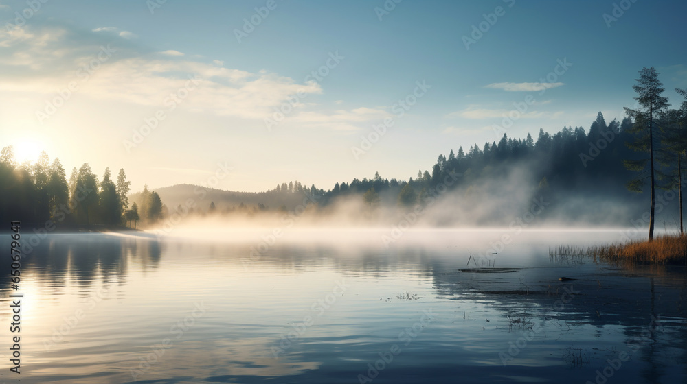 Fototapeta premium a large body of water with morning fog with a forest on the banks, a beautiful landscape at sunrise