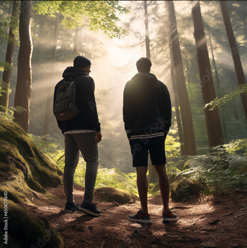 amidst a dense forest, two adventurous men, pause on a trail, Two men standing together in the middle of a forest between trees photo