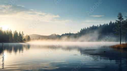 a large body of water with morning fog with a forest on the banks, a beautiful landscape at sunrise © MYKHAILO KUSHEI