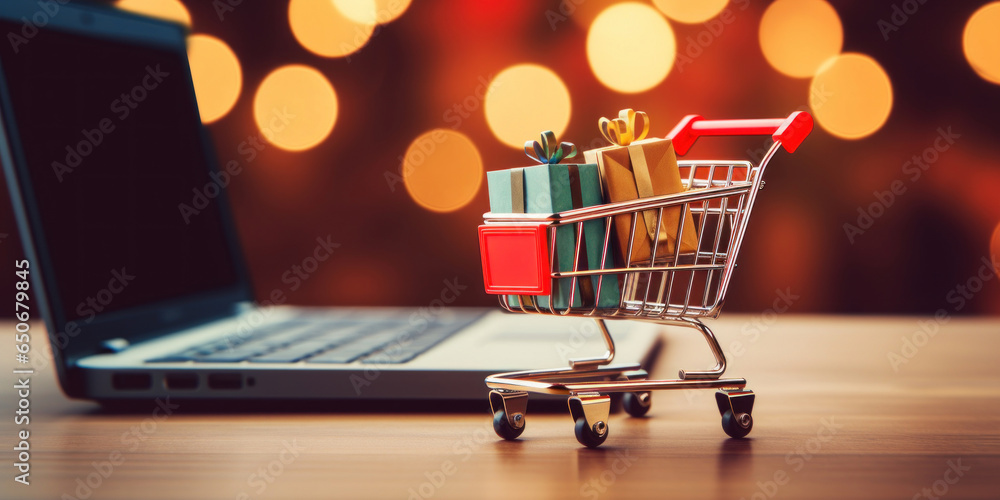Model shopping cart with gift box, and laptop keyboard on wood table, blurred Christmas tree background