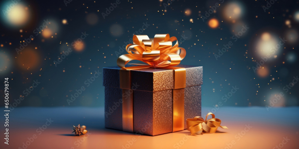 Gift box with a golden bow on a festive multicolored background