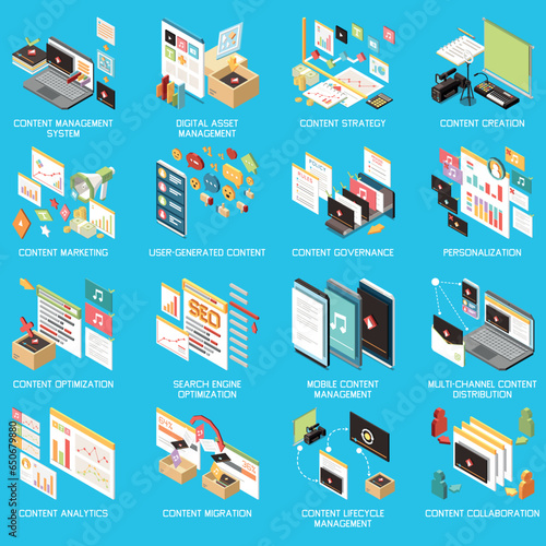 Content Management Isometric Concept Icon Set
