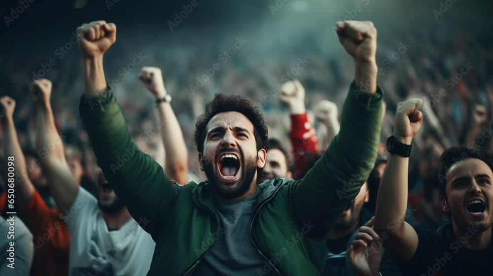male fan with raised hands very emotional shouting among other fans in the stadium during the match