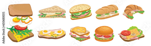 Tasty Sandwich as Bread with Different Stuffings Vector Set