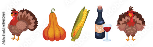 Happy Thanksgiving Objects with Turkey, Pumpkin, Corn Cob and Wine Vector Set