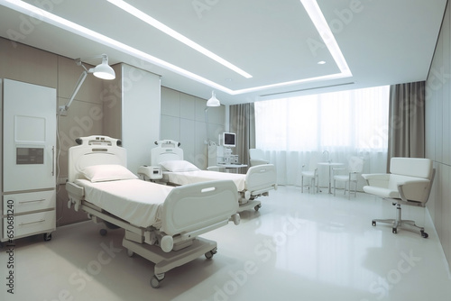 Interior of cozy and clean patient room with hospital bed and window, facilities in hospital, healtcare, insurance, wellness concept background.