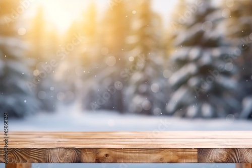Mockup of empty wooden display product stand, table with blurred snow pine trees forest in morning sunlight, peaceful winter background.