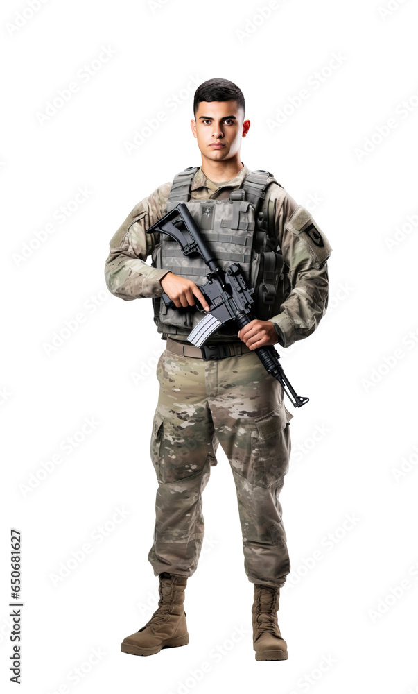 Soldier in military uniform with gun, a young man isolated on transparent white background Soldier in military uniform with gun, a young man isolated on transparent white background