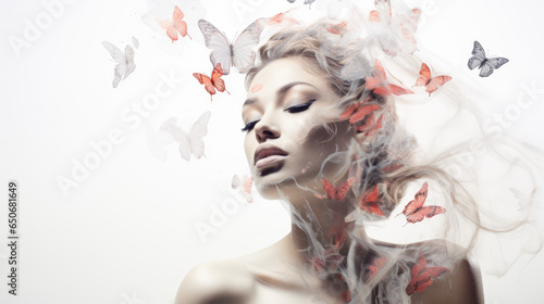 Beautiful woman on butterfly background, beautiful girl, beauty saloon, fashion and cosmetics, healthcare concept, sensual skin care concept, mindfulness, meditation art