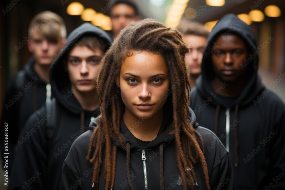 group of teenagers in hoodies on the street
