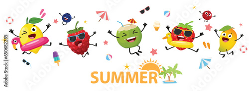 Cute summer fruits cartoon characters banner, Lemon, berries, coconut, and mango