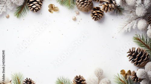 Christmas composition. Christmas knitted blanket, pine cones, fir branches on wooden white background. Flat lay, top view, copy space