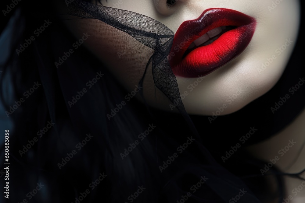 beautiful red female lips in halloween style close up - obrazy, fototapety, plakaty 