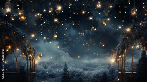Magic night dark blue sky with sparkling stars. Gold glitter powder splash background. Golden scattered dust. Midnight milky way. Christmas winter texture with clouds. photo