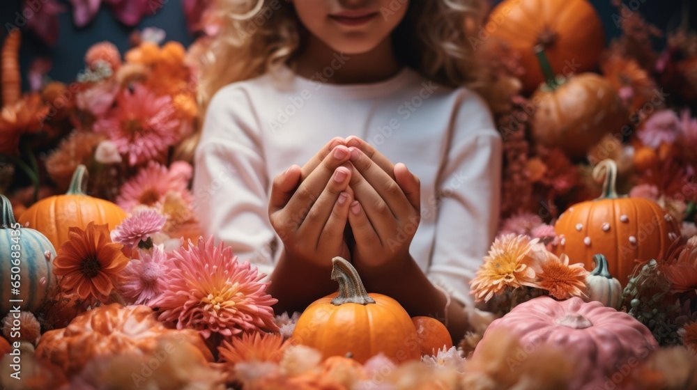 A young girl is surrounded by flowers and pumpkins