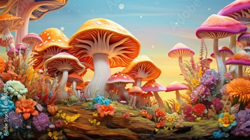 A painting of a field of mushrooms and flowers