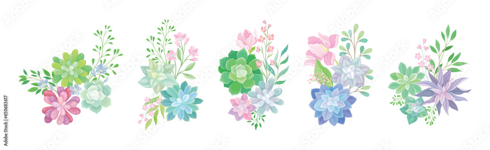 Succulent Plant Floral Composition with Fleshy Flower and Twigs Vector Set