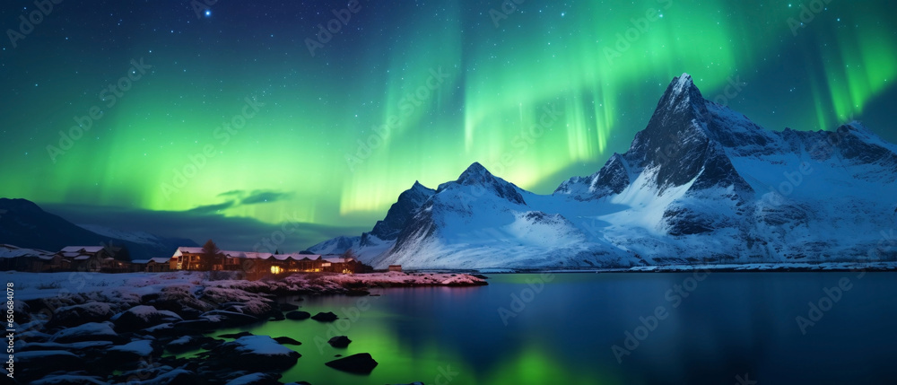 Naklejka premium Northern lights and reflection on the water surface with night starry sky against background of mountains and lakes. natural concept
