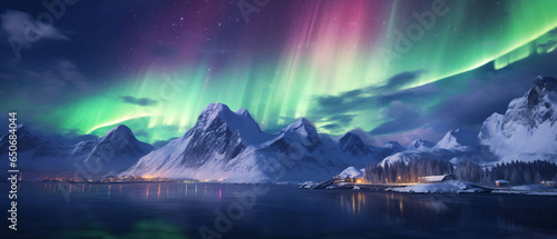 Northern lights and reflection on the water surface with night starry sky against background of mountains and lakes. natural concept