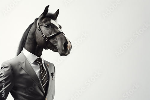 Portrait of a horse in businessman suit and tie on a isolated background.