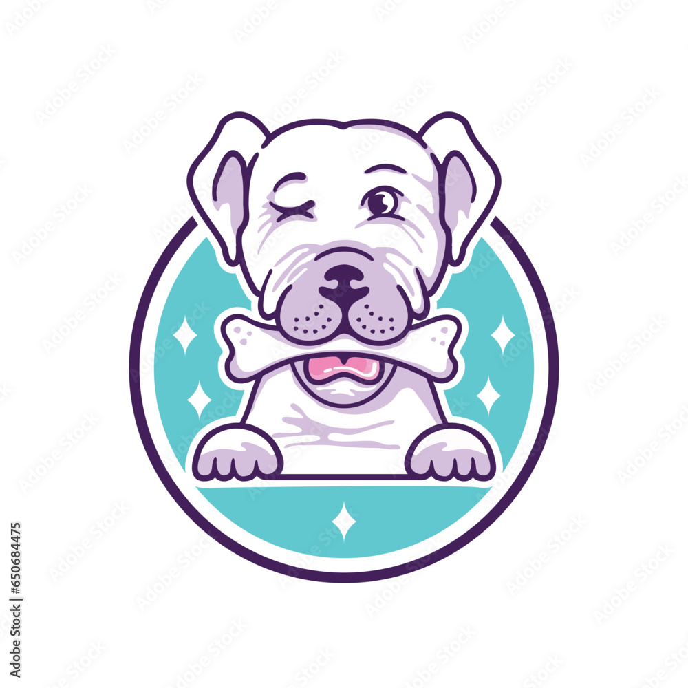The logo's dog mascot eats bones. Animal Hand-Drawn Logo.
The logo's dog mascot eats bones. Animal Hand-Drawn Logo.