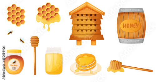 Sweet honey collection with honeycomb, bee , barrel, pancakes and hive