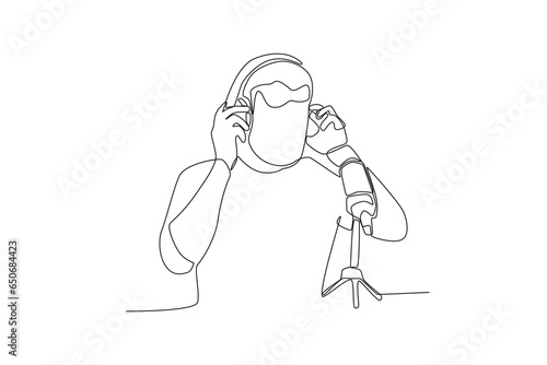 One continuous line drawing of man getting ready to plug in headphones to record a podcast
