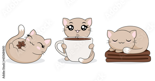 A set of kawaii style cute cozy cats for Autumn
