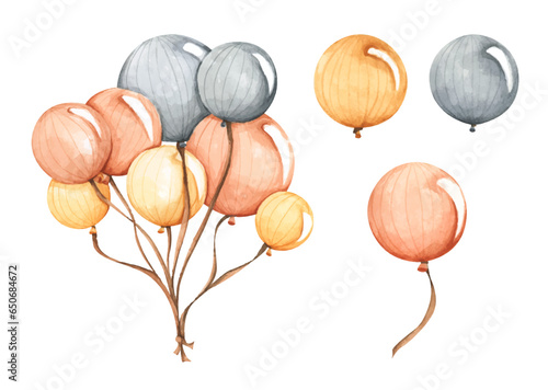 Set of colorful air balloons, Pack of orange, yellow and black balloons. Watercolor illustration.