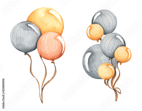 Set of colorful air balloons, Pack of orange, yellow and black balloons. Watercolor illustration.