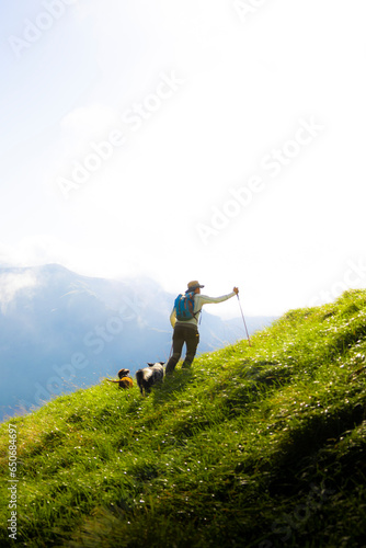 hombre de ruta en la montaña con sus perros