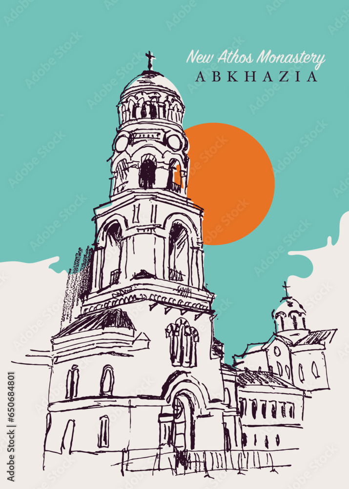 Fototapeta premium Drawing sketch illustration of the New Athos Monastery in Abkhazia