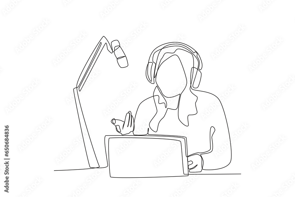One continuous line drawing of woman is asking her podcast partner
One continuous line drawing of woman is asking her podcast partner