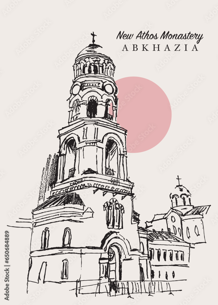Drawing sketch illustration of the New Athos Monastery in Abkhazia