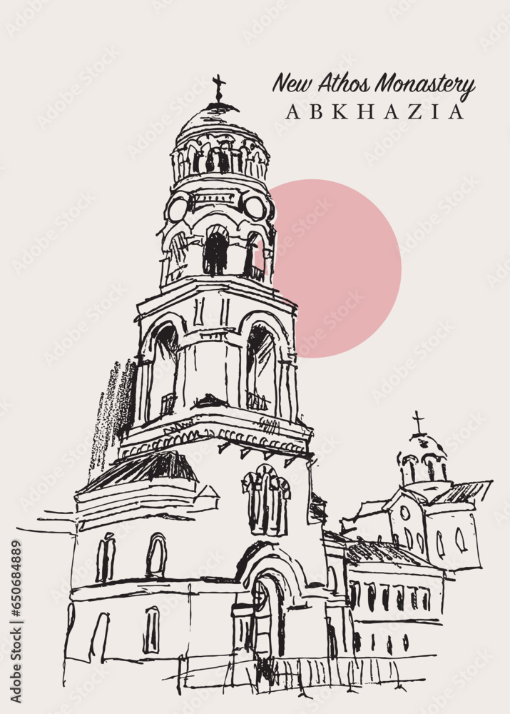 Drawing sketch illustration of the New Athos Monastery in Abkhazia Drawing sketch illustration of the New Athos Monastery in Abkhazia