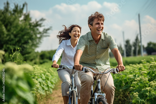 Happy matured couple riding bike at countryside road