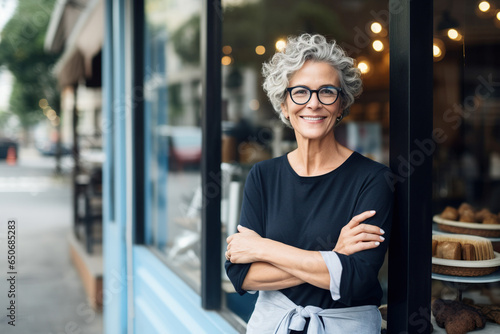 Happy smiling middle aged older adult woman small local business owner standing outside own cafes.