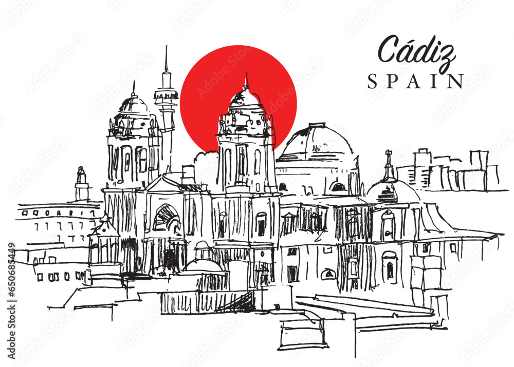 Drawing sketch illustration of of Cadiz cityscape, Andalusia, Spain