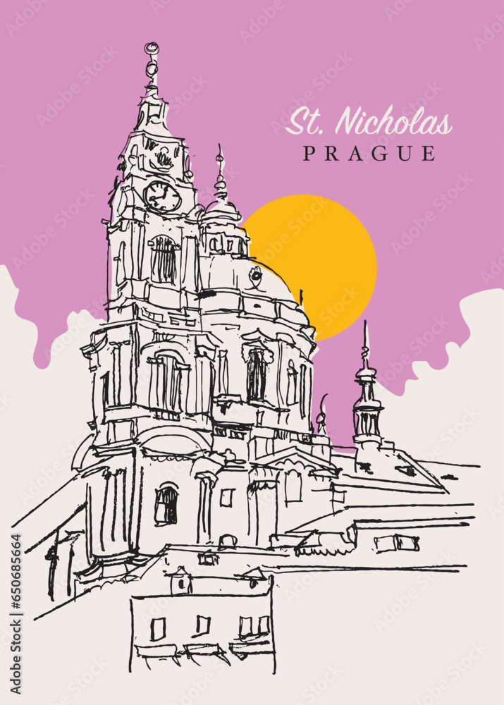 Drawing sketch illustration of St. Nicholas Church in Prague, Czechia