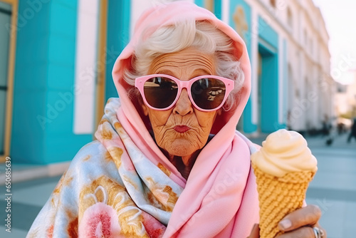 street photo of an elderly woman with ice cream and glasses, the concept of happy retirement, inner freedom and energetic adulthood
