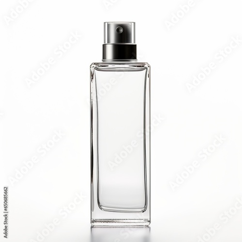 Transparent perfume bottle isolated on white background.