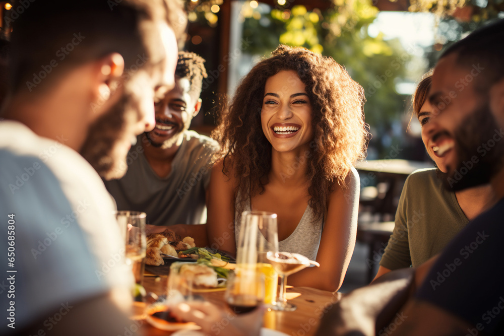 Millennial friends enjoying a fun-filled social gathering at an outdoor restaurant - obrazy, fototapety, plakaty 